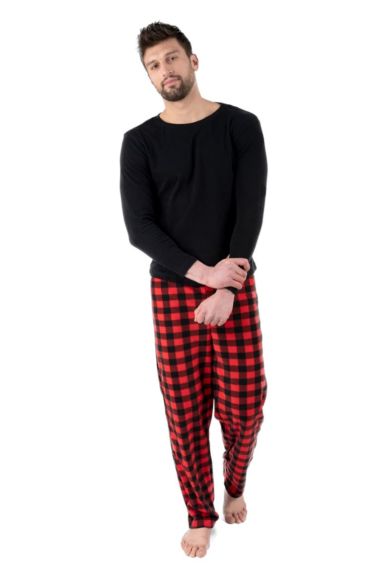 Men's Cotton Top & Fleece Pants Printed Matching Family Holiday Pajama Set, Main, color, Plaid Black & Red