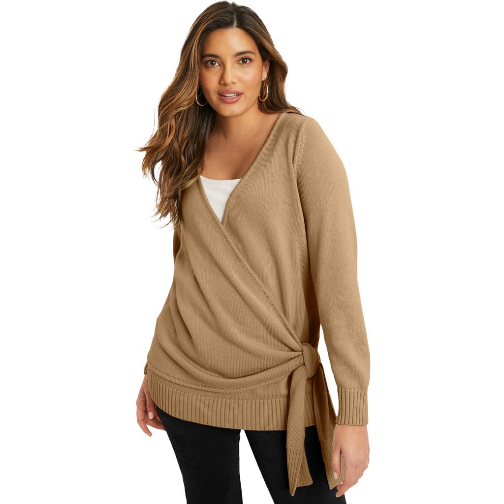 June + Vie Wrap-front Cardigan In Brown