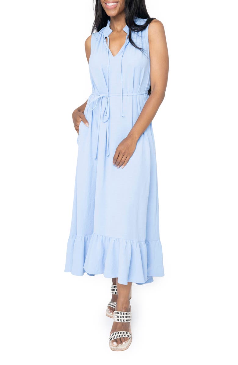 GIBSONLOOK Sienna Split Neck Tie Waist Ruffle Hem High-Low Dress, Main, color, Sky Blue