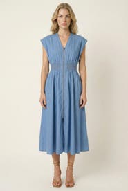 Modenaire Zip Front Midi Dress with Cap Sleeves and Smocked Waist