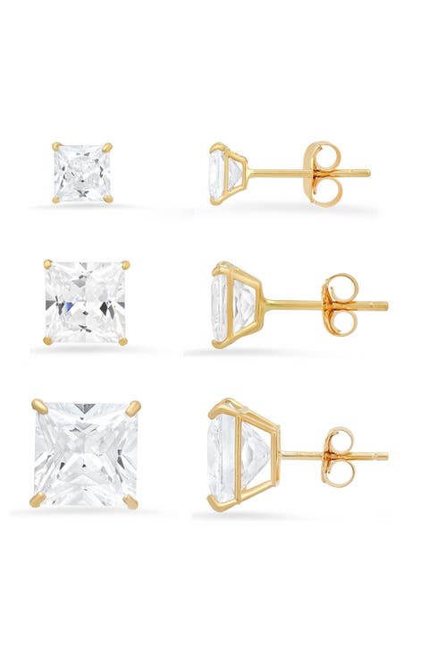 Set of 3 Princess Cut Cubic Zirconia Stud Earrings