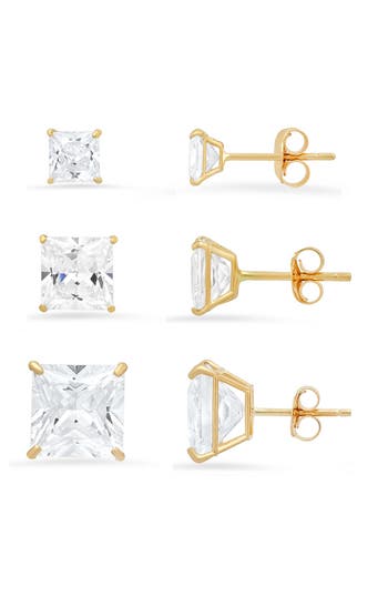 Queen Jewels Set Of 3 Princess Cut Cubic Zirconia Stud Earrings