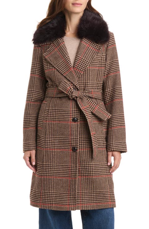 Faux Fur Collar Belted Wool Blend Coat
