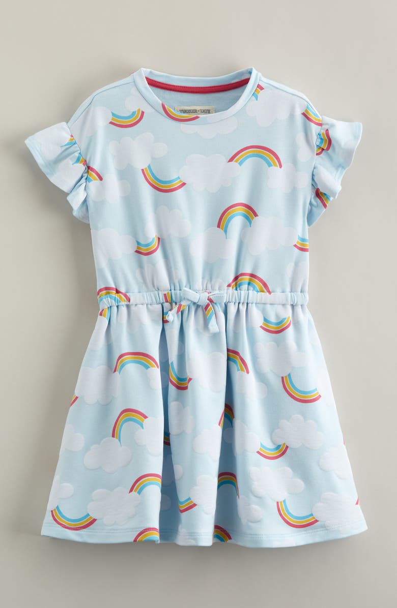 Tucker + Tate Kids' Print Flutter Sleeve Dress, Main, color, Blue Delicate Rainbow Clouds