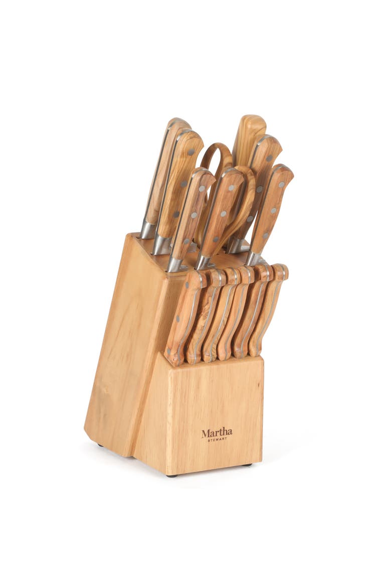 Austenwood 15-Piece German Stainless Steel Knife Block Set with Italian Olive Wood Handle, Main, color, Stainless