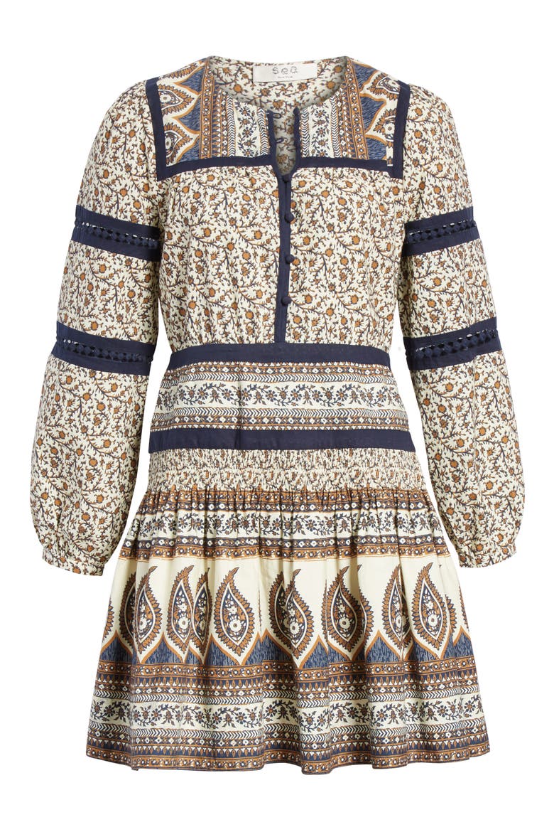 Sea Contrast Binding Print Dress, Alternate, color, CAFE
