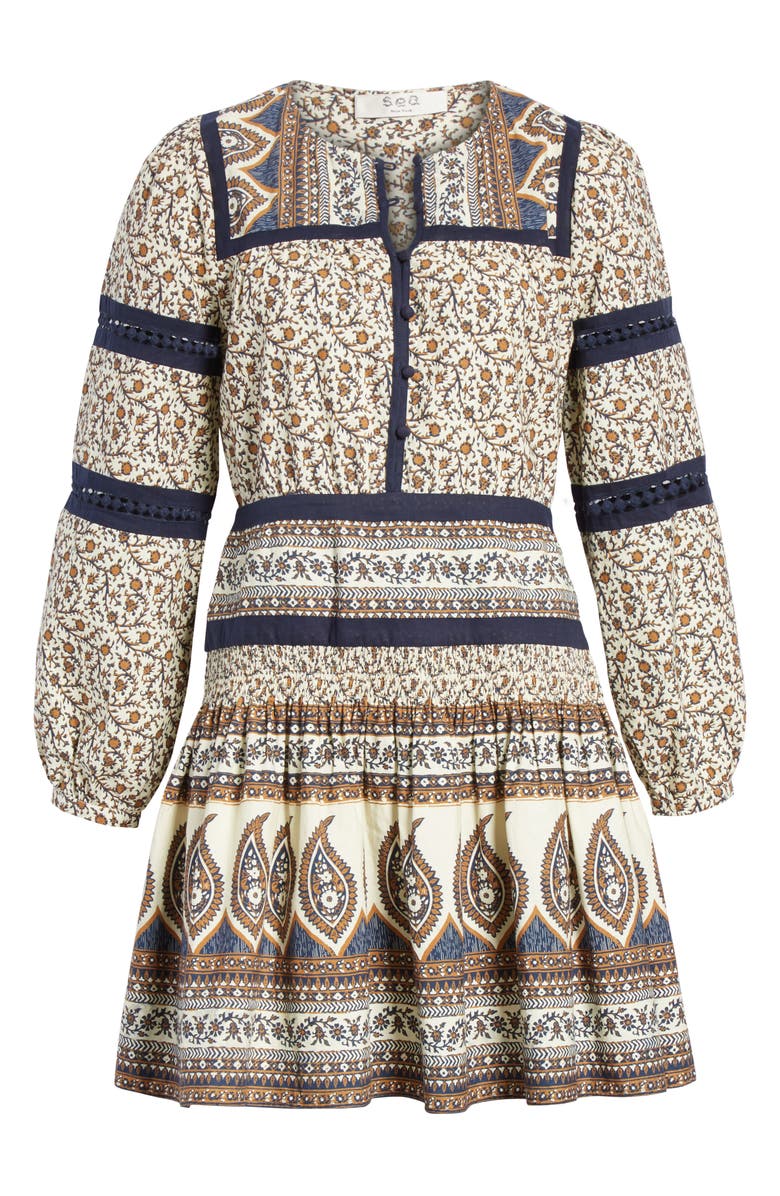 Sea Contrast Binding Print Dress, Alternate, color,