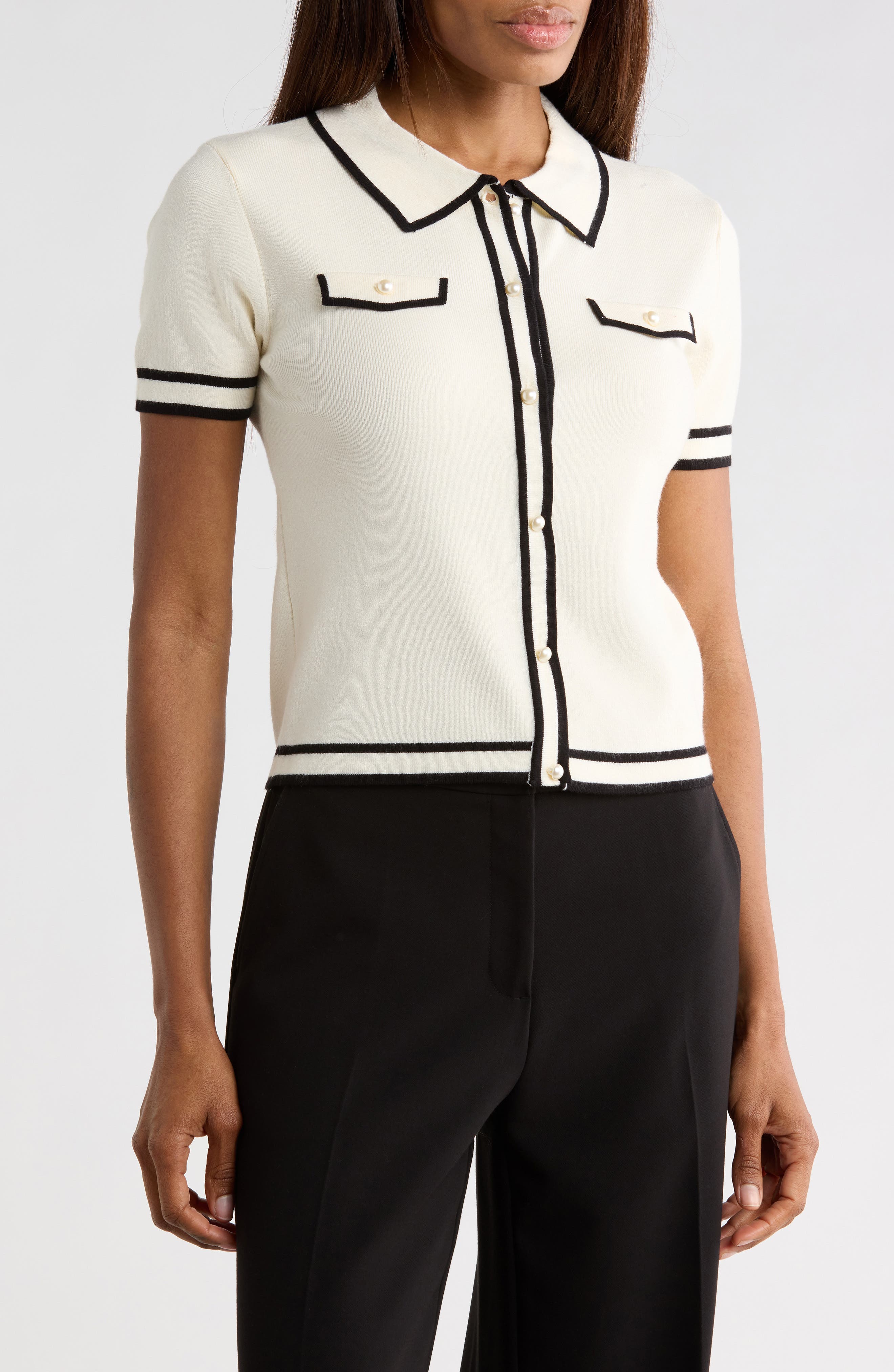 JASON WU Pearly Button Short Sleeve Crop Sweater