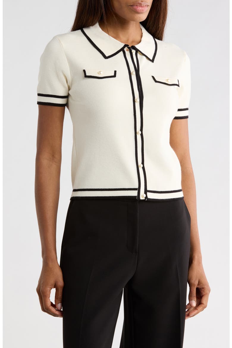Pearly Button Short Sleeve Crop Sweater, Main, color, IVORY/ BLACK
