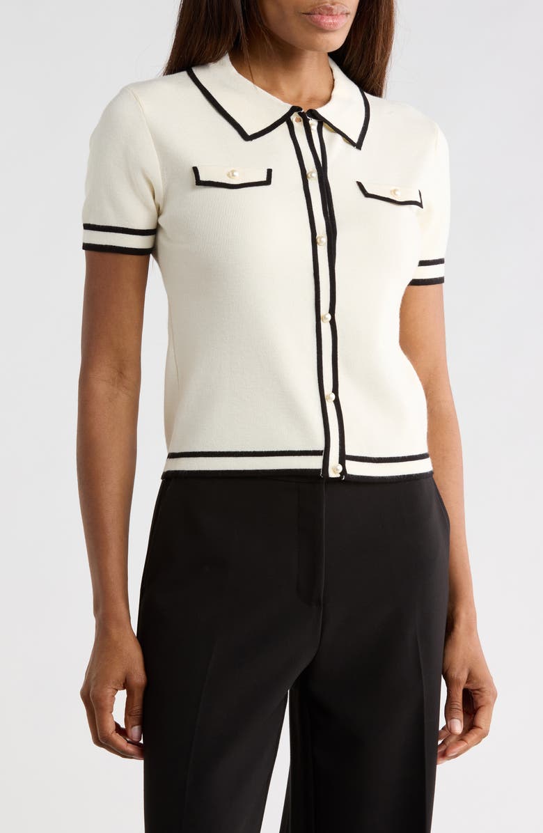 JASON WU Pearly Button Short Sleeve Crop Sweater, Main, color, Ivory/ Black