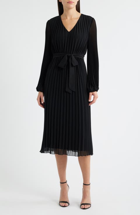 Pleated Long Sleeve Chiffon Midi Dress