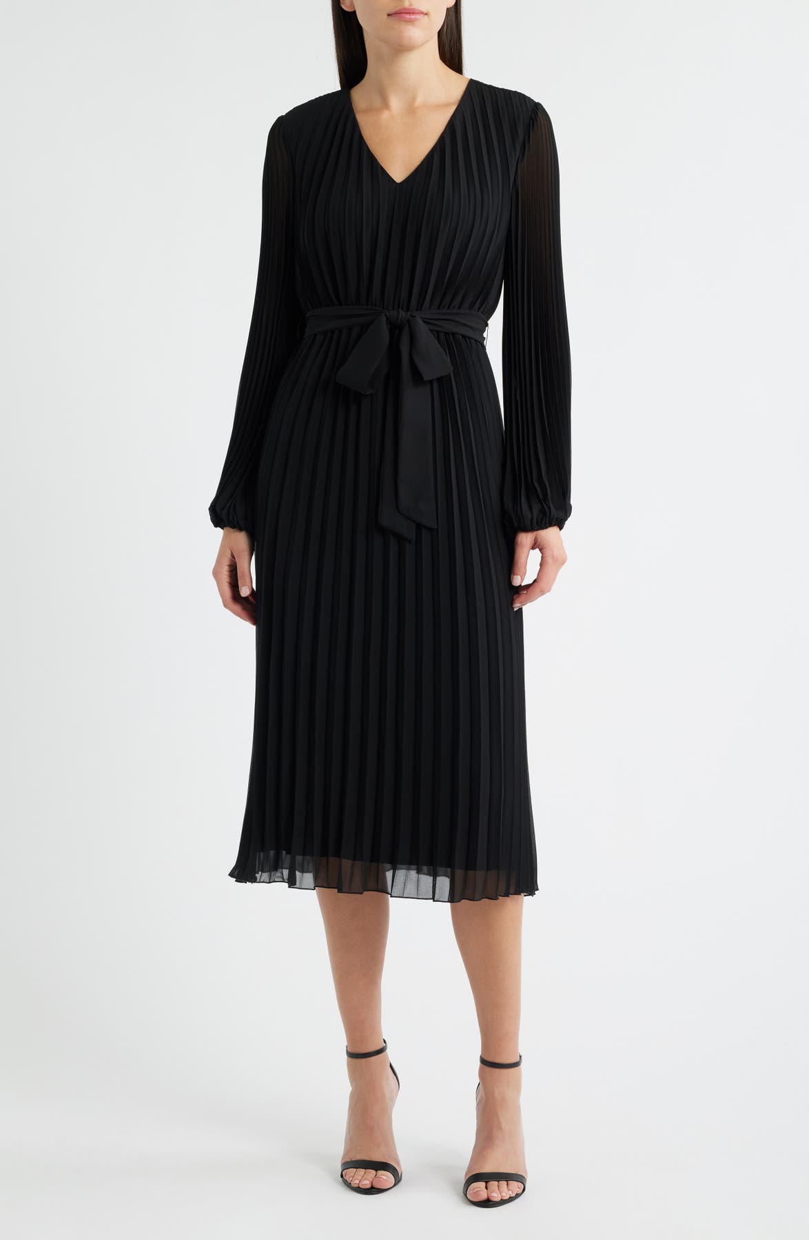 Sam Edelman black pleated chiffon midi dress with long sleeves for a fall wedding guest