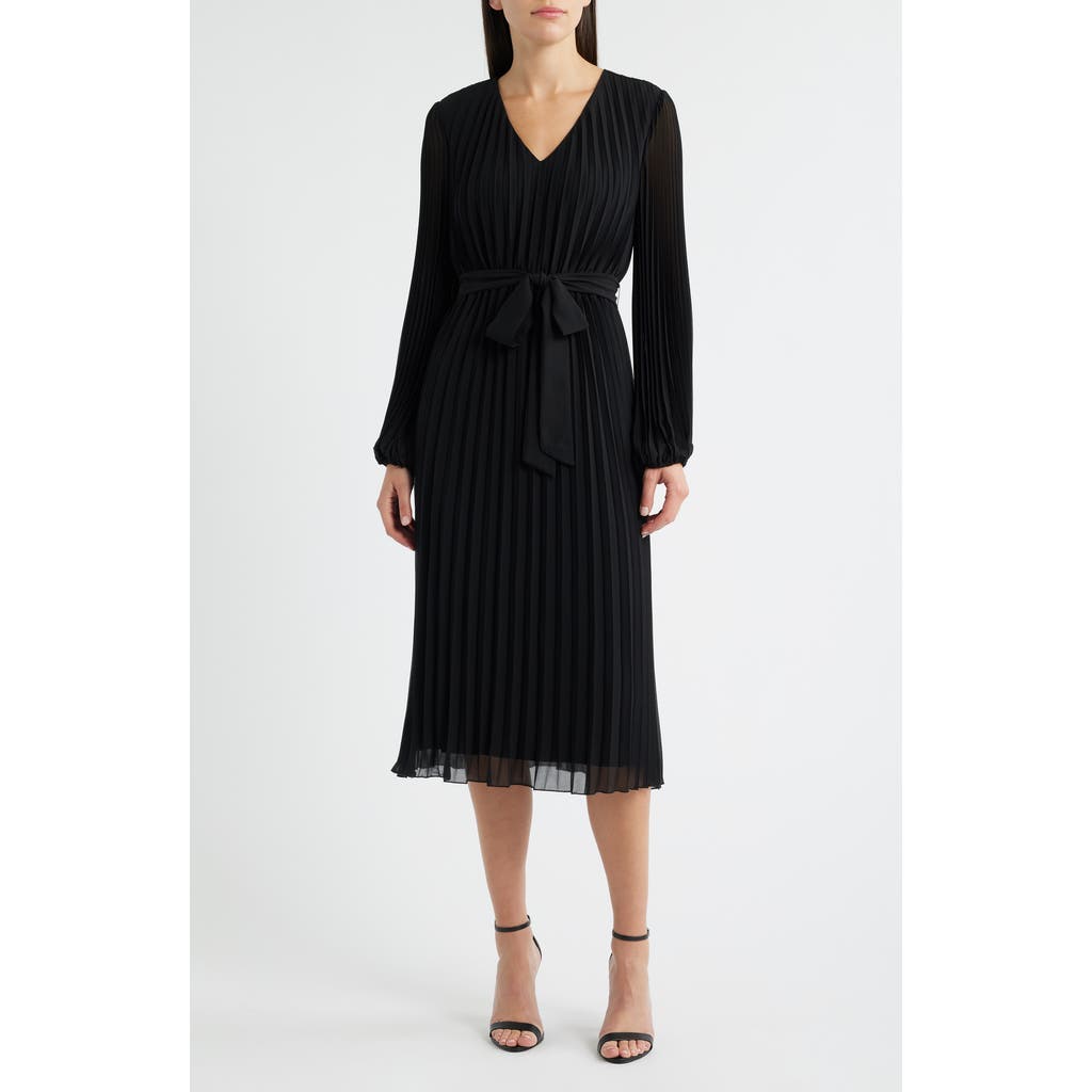 Sam Edelman Pleated Long Sleeve Chiffon Midi Dress In Black