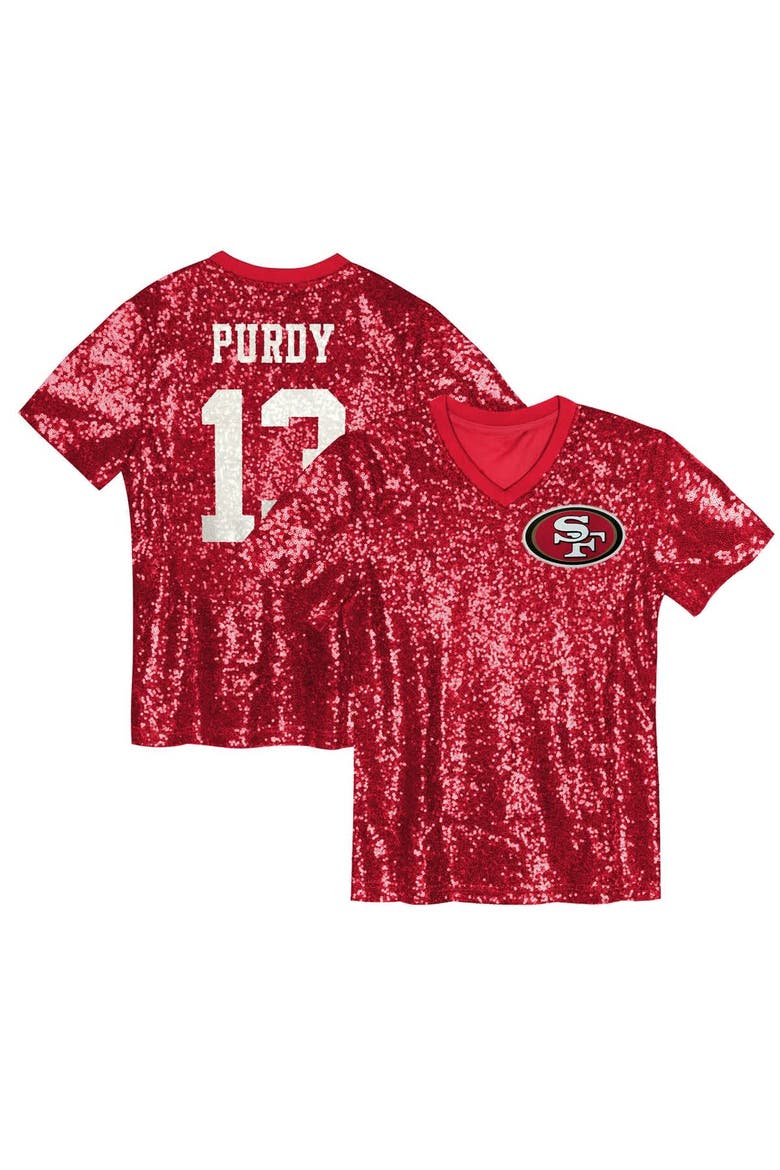 Girls Youth Brock Purdy Scarlet San Francisco 49ers Sequin V-Neck Fashion Jersey, Alternate, color, Scarlet