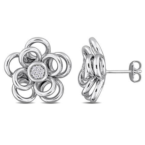 Diamond Flower Earrings Sterling Silver