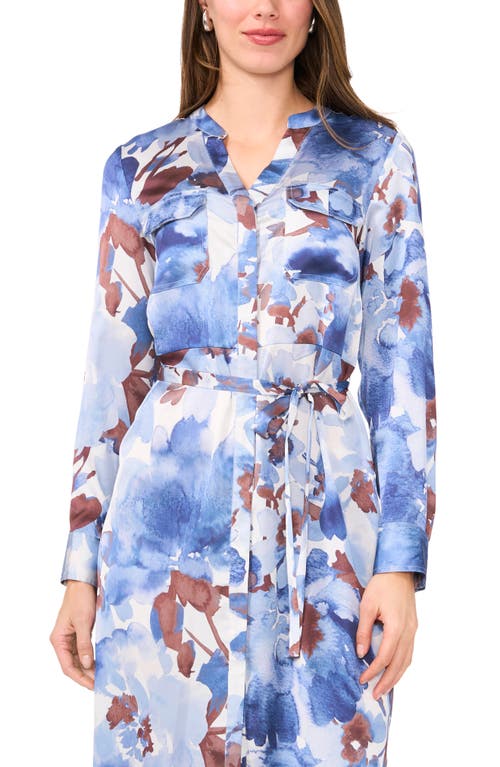 Halogen ® Floral Long Sleeve Satin Midi Shirtdress In Blue