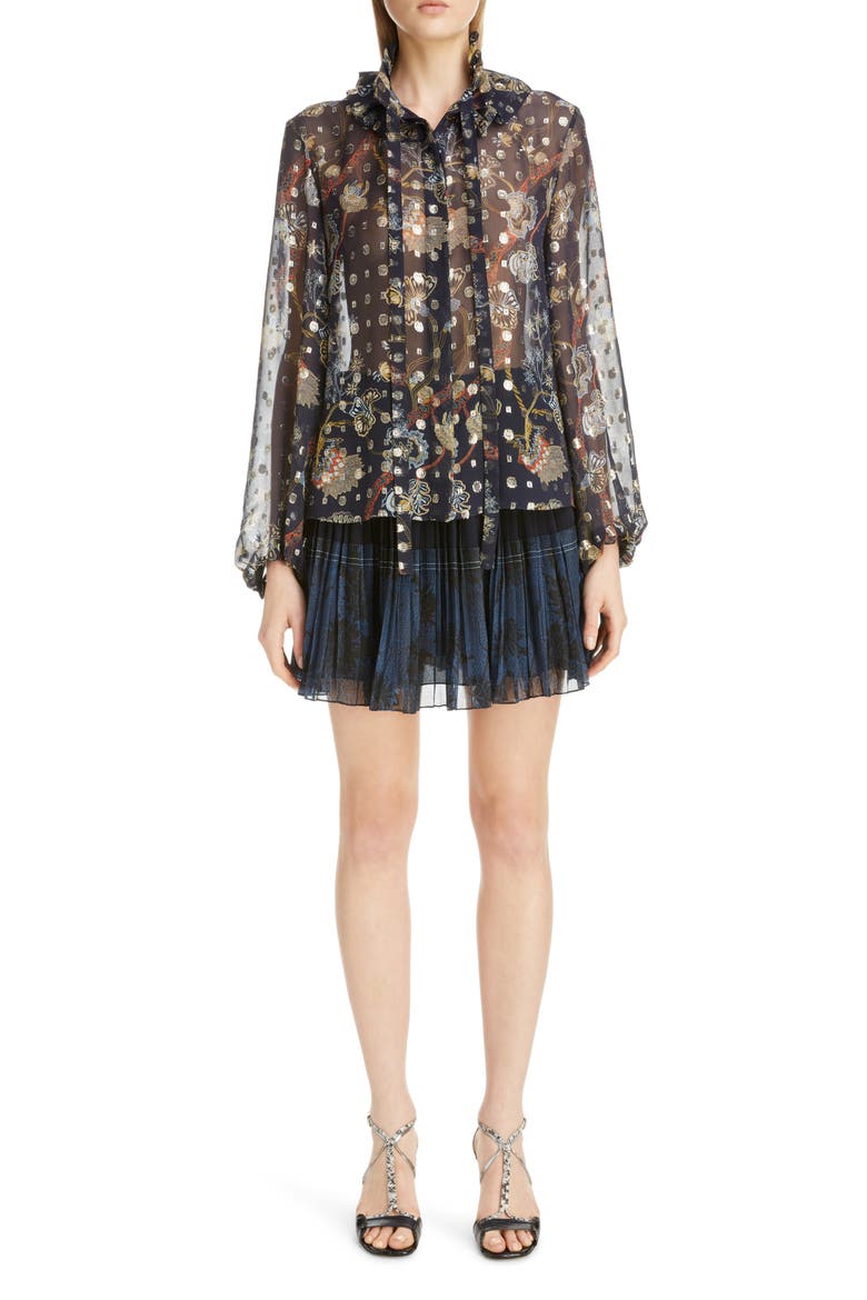 Floral Tie Neck Bishop Sleeve Silk Chiffon Blouse, Alternate, color, MULTICOLOR BLUE 1
