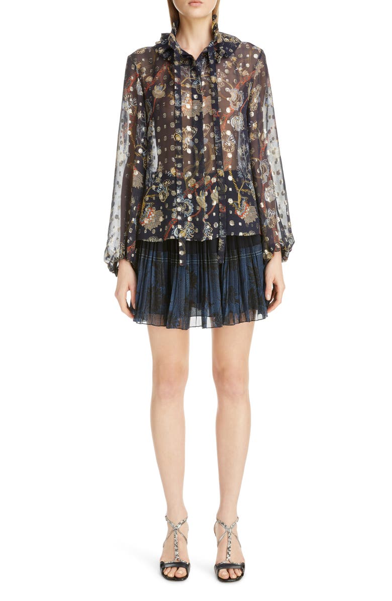 Chloé Floral Tie Neck Bishop Sleeve Silk Chiffon Blouse, Alternate, color,