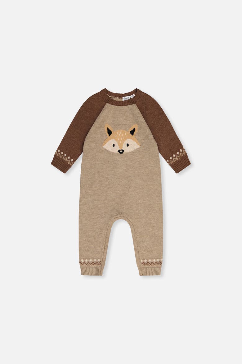 Knitted Intarsia Fox Fair Isle Romper, Main, color, Brown Cinnamon