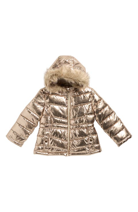 Kids' Metallic Puffer Jacket with Faux Fur Trim (Toddler)