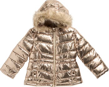 Kids' Metallic Puffer Jacket with Faux Fur Trim
