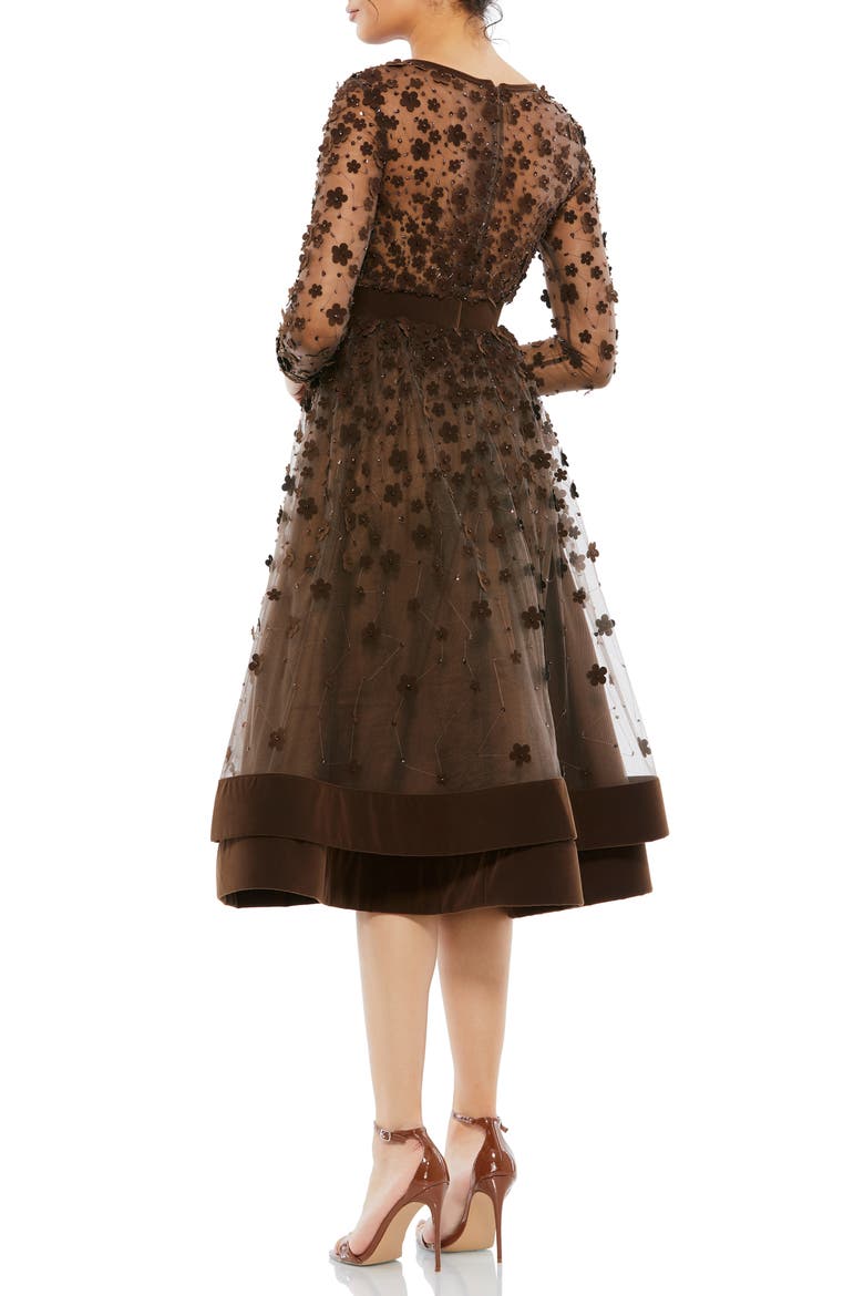 Embellished Illusion High Neck Long Sleeve Fit & Flare, Alternate, color, COFFEE