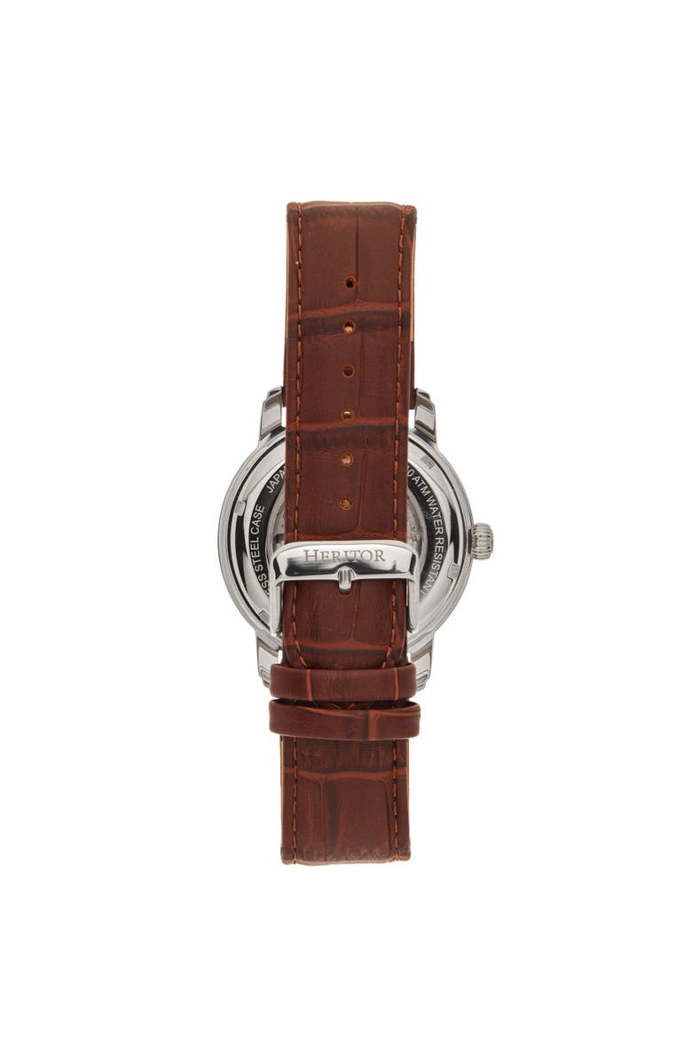 Heritor Automatic Protégé Leather-Band Watch w/Date, Alternate, color, Silver/Brown