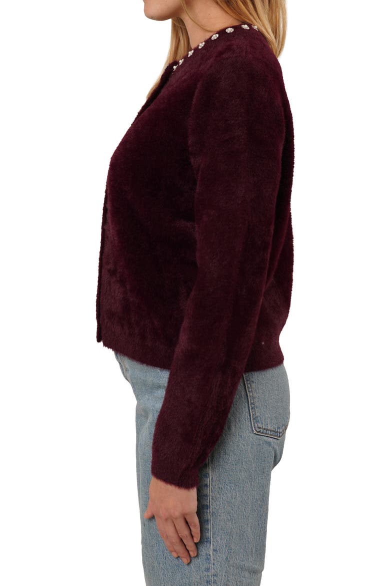 Embellished Fuzzy Cardigan, Alternate, color, DEEP WINE