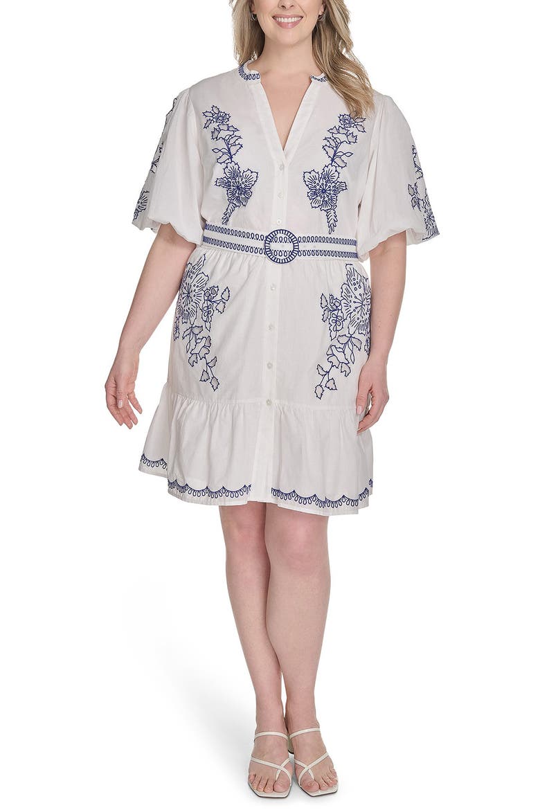 Embroidered Detail Short Sleeve Cotton Shirtdress, Main, color, IVORY BLUE