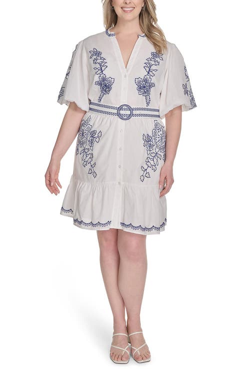 Embroidered Detail Short Sleeve Cotton Shirtdress (Plus)