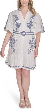 Eliza J Embroidered Detail Short Sleeve Cotton Shirtdress