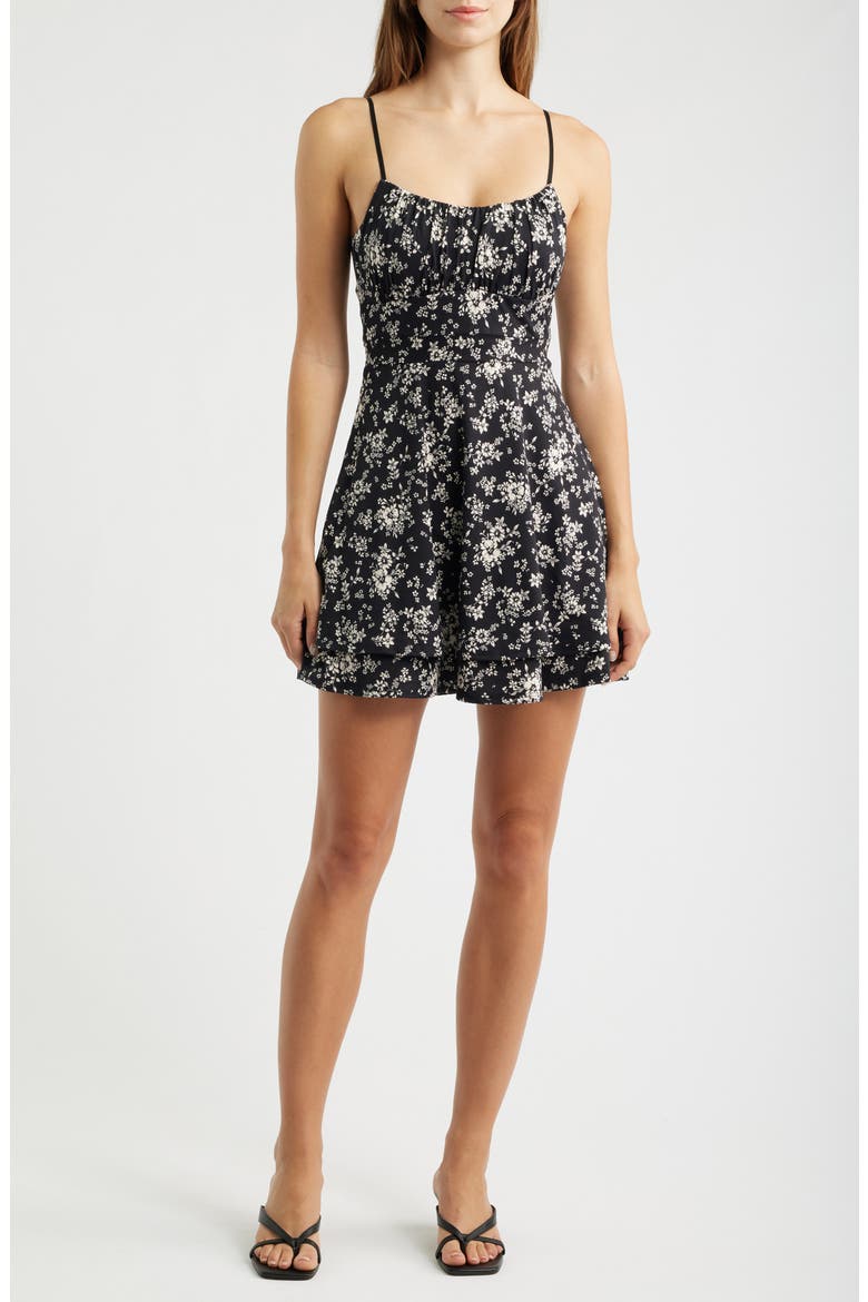 Floral Print Fit & Flare Mini Sundress, Main, color, BLACK / WHITE