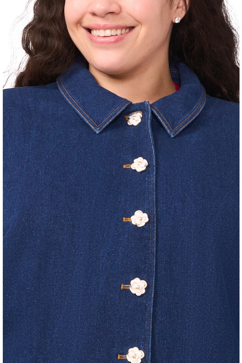 Floral Button Peplum Denim Jacket, Alternate, color, MID INDIGO