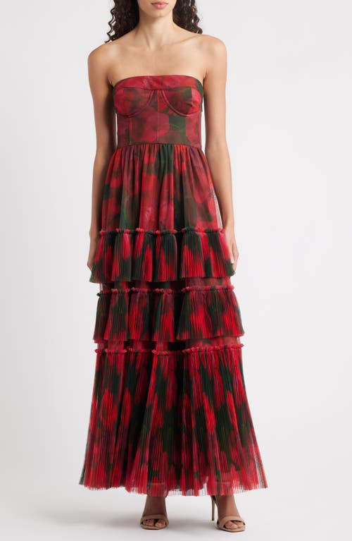 Hutch Isabella Strapless Ruffle Tiered Maxi Cocktail Dress In Red