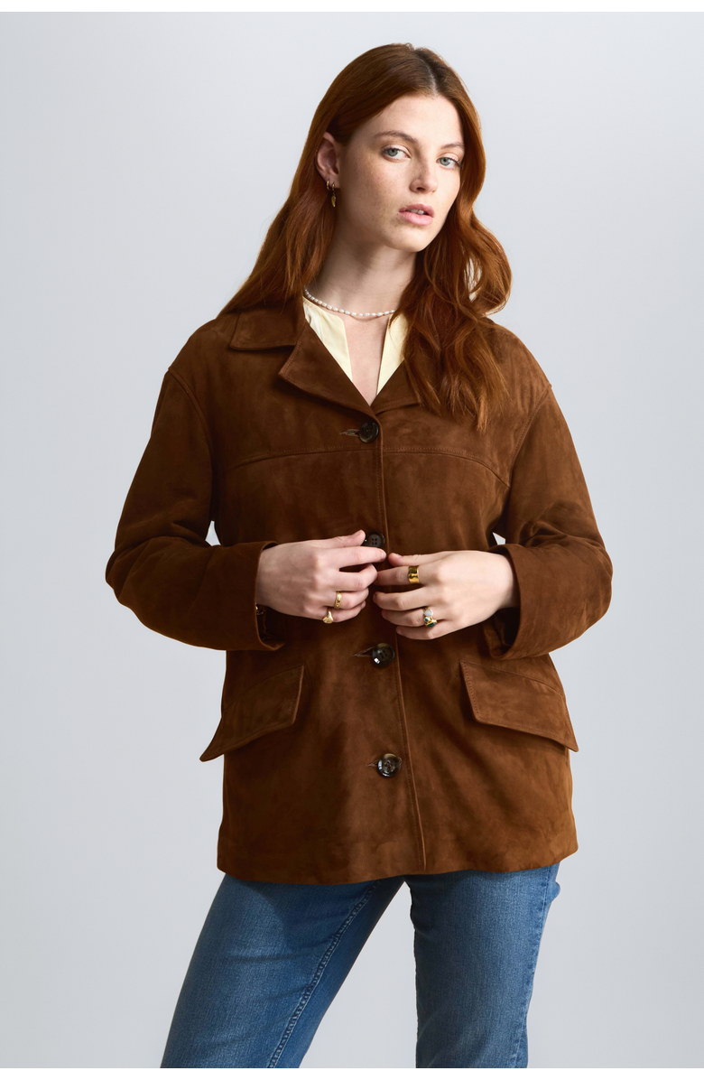 FURNIQ UK Dahlia Suede Shirt Jacket, Alternate, color, Brown