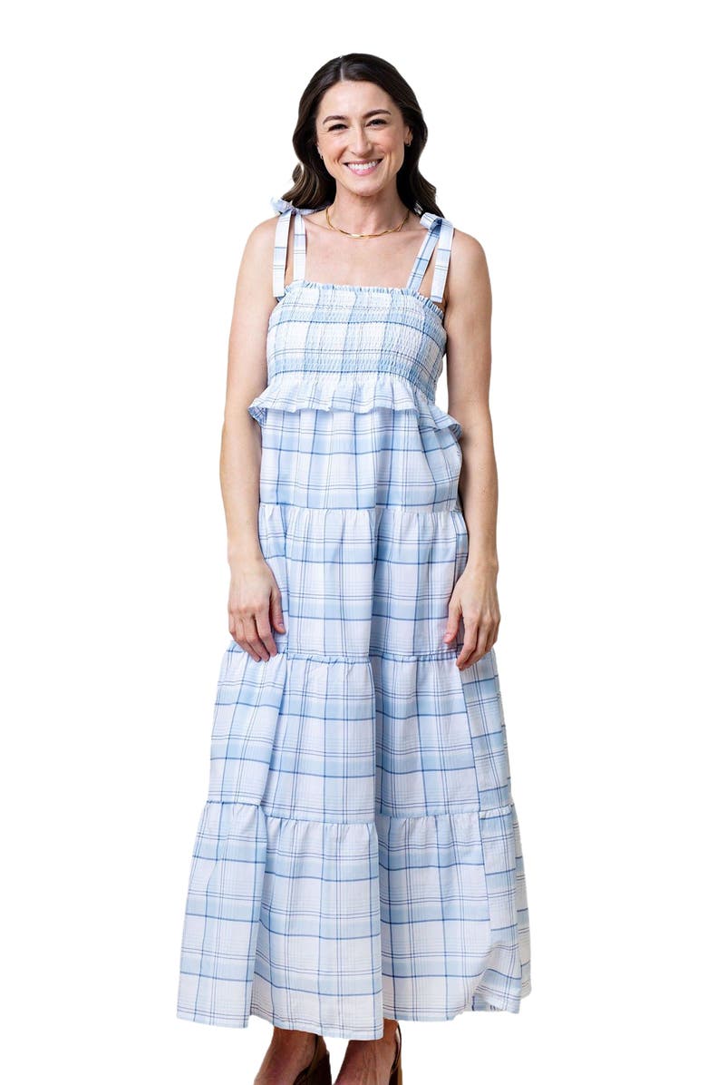 Hope & Henry Women's Organic Smocked Tiered Dress, Main, color, Classic Blue Tonal Plaid