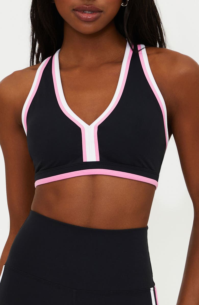 Beach Riot Ida Colorblock Racerback Sports Bra, Main, color, Prism Pink And Black