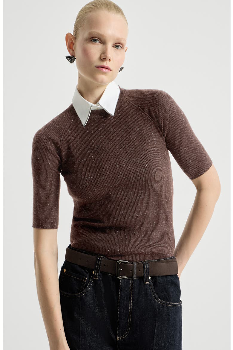 Sparkling cashmere lightweight rib knit sweater, Alternate, color, Cocoa