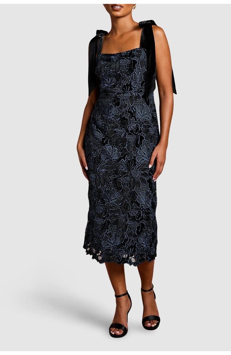 Coast Petite Velvet Lace Tie Shoulder Dress, Alternate, color, Black