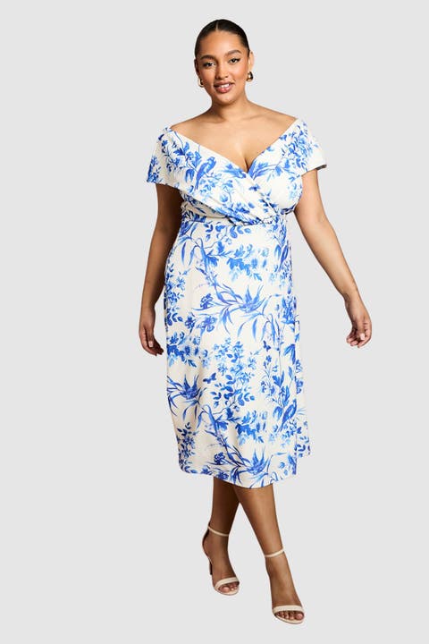 Plus Bardot Printed Wrap Midi Dress