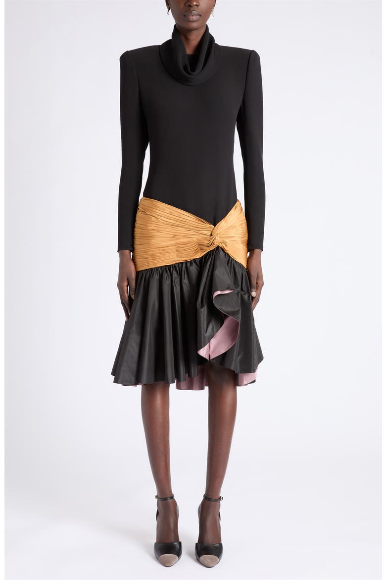 Draped Cowl Neck Taffeta Dress, Main, color, BLACK/ GOLD