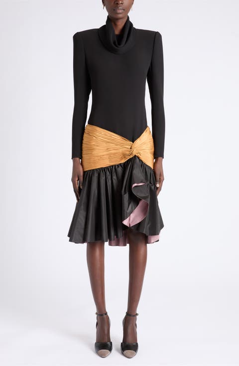 Draped Cowl Neck Taffeta Dress