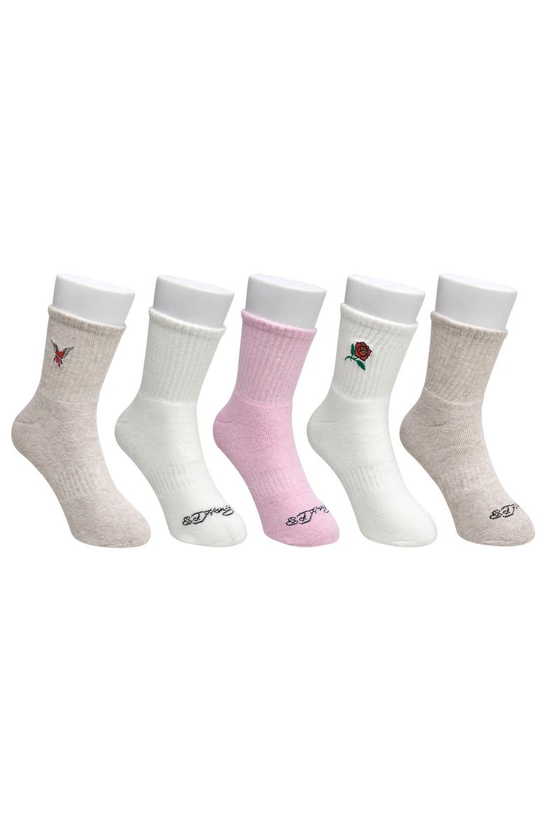 Rose and Bird Embroidery Full Cushion Mid Crew Sock 5 Pack, Main, color, Ivory