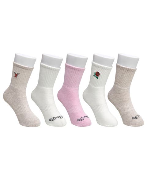 Rose and Bird Embroidery Full Cushion Mid Crew Sock 5 Pack