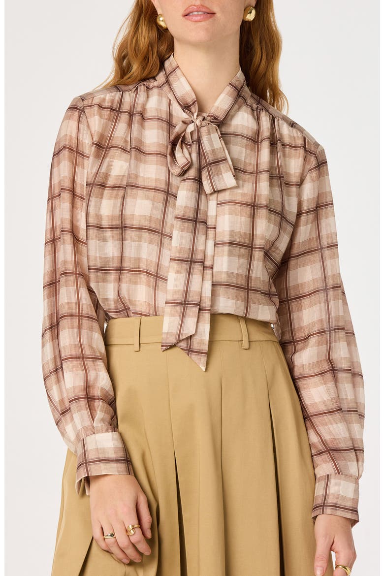 Mabry Tie Neck Long Sleeve Top, Main, color, BROWN PLAID