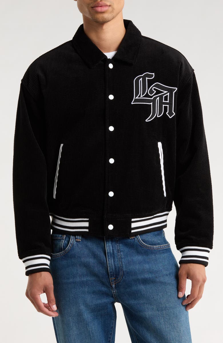 PacSun LA Corduroy Varsity Jacket, Alternate, color, Black