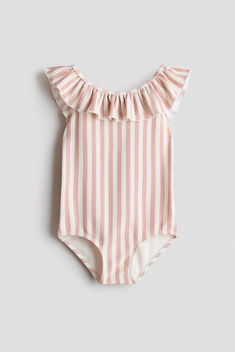 Ruffle-trimmed Swimsuit, Alternate, color, Light dusty pink/striped