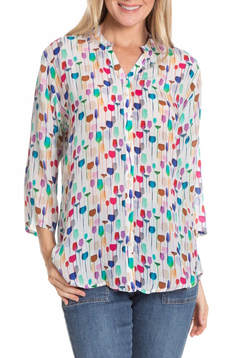 APNY Print Mandarin Collar Chiffon Button-Up Top, Main, color, White Multi