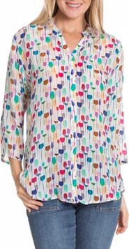 APNY Print Mandarin Collar Chiffon Button-Up Top
