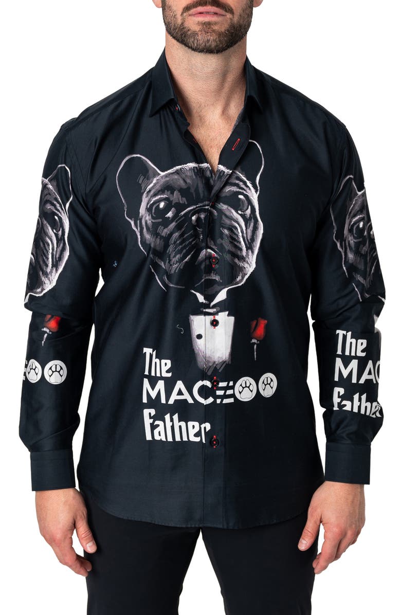 Maceoo Fibonacci Dogfather Cotton Button-Up Shirt, Main, color, Black
